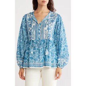 Chelsea & Theodore Womens Blue Floral Boho Peasant Top 3X